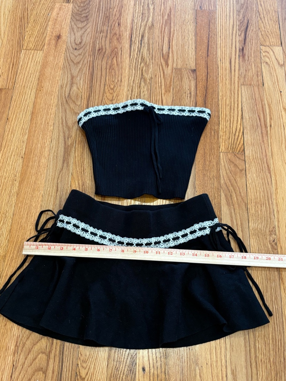 Edikted Black Mini Skirt with White Lace Trim top